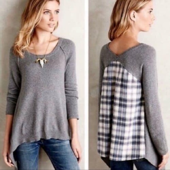 {Anthro} Moth Plaid Pullover - Picture 1 of 2